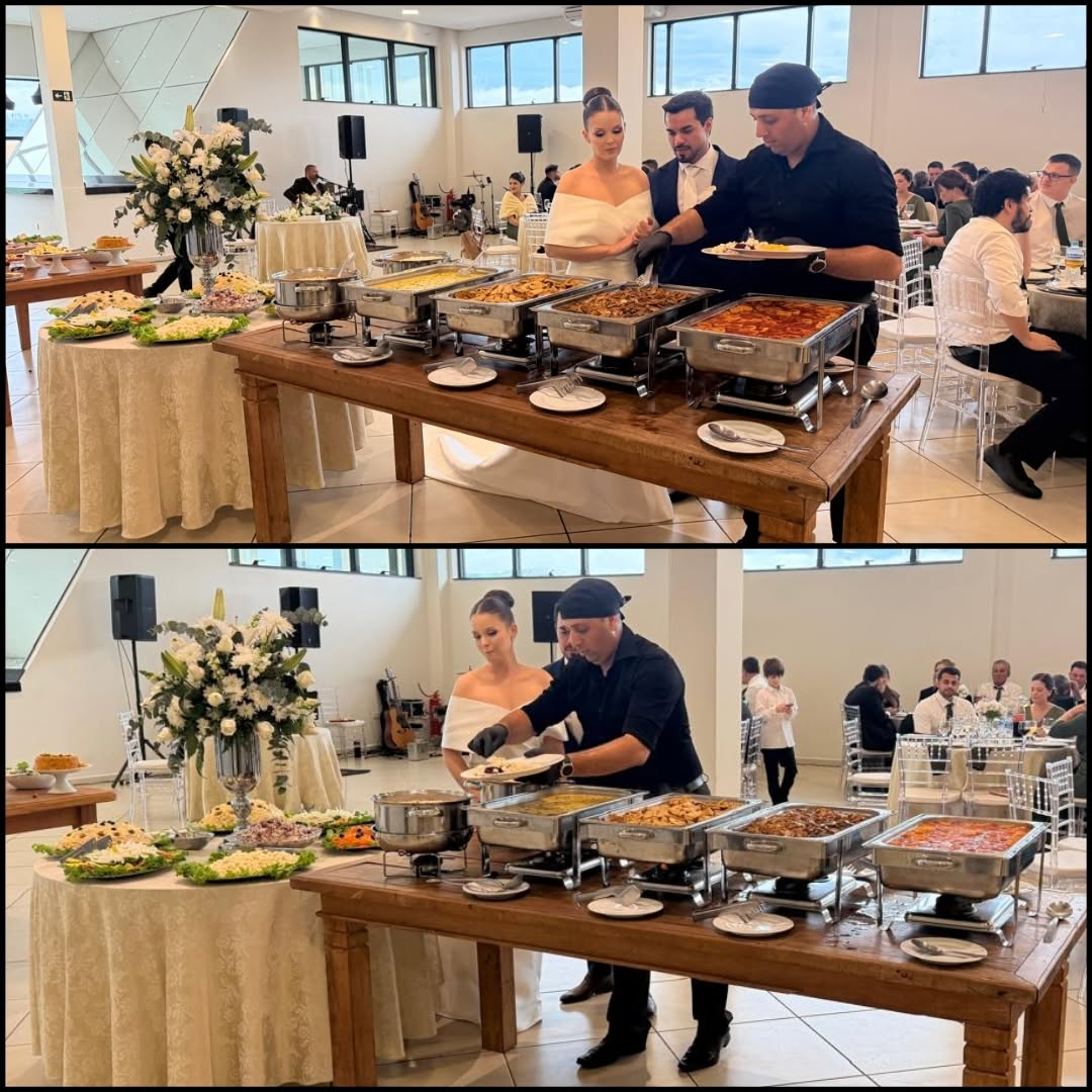 Equipe do buffet servindo os convidados em mesa de chafing dishes durante celebração